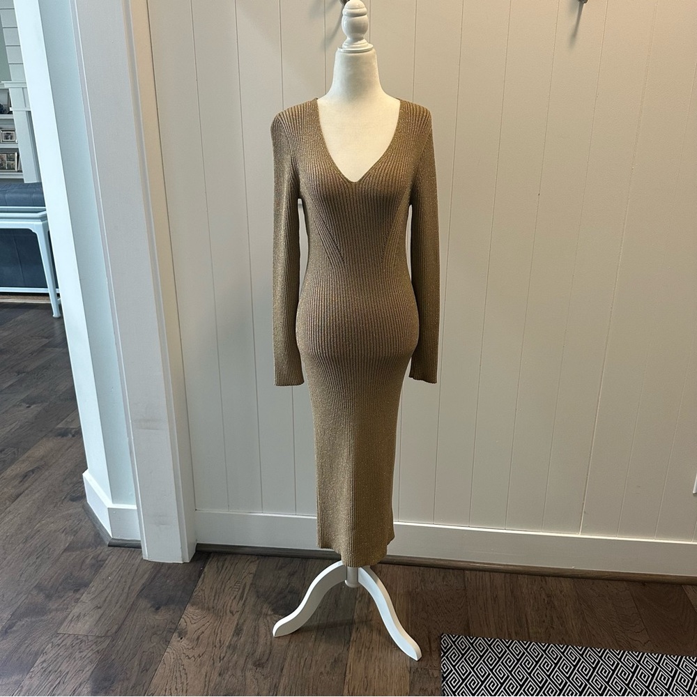 Michael Kors women's metallic gold ribbed sweater dress bodycon size small - Picture 4 of 8
